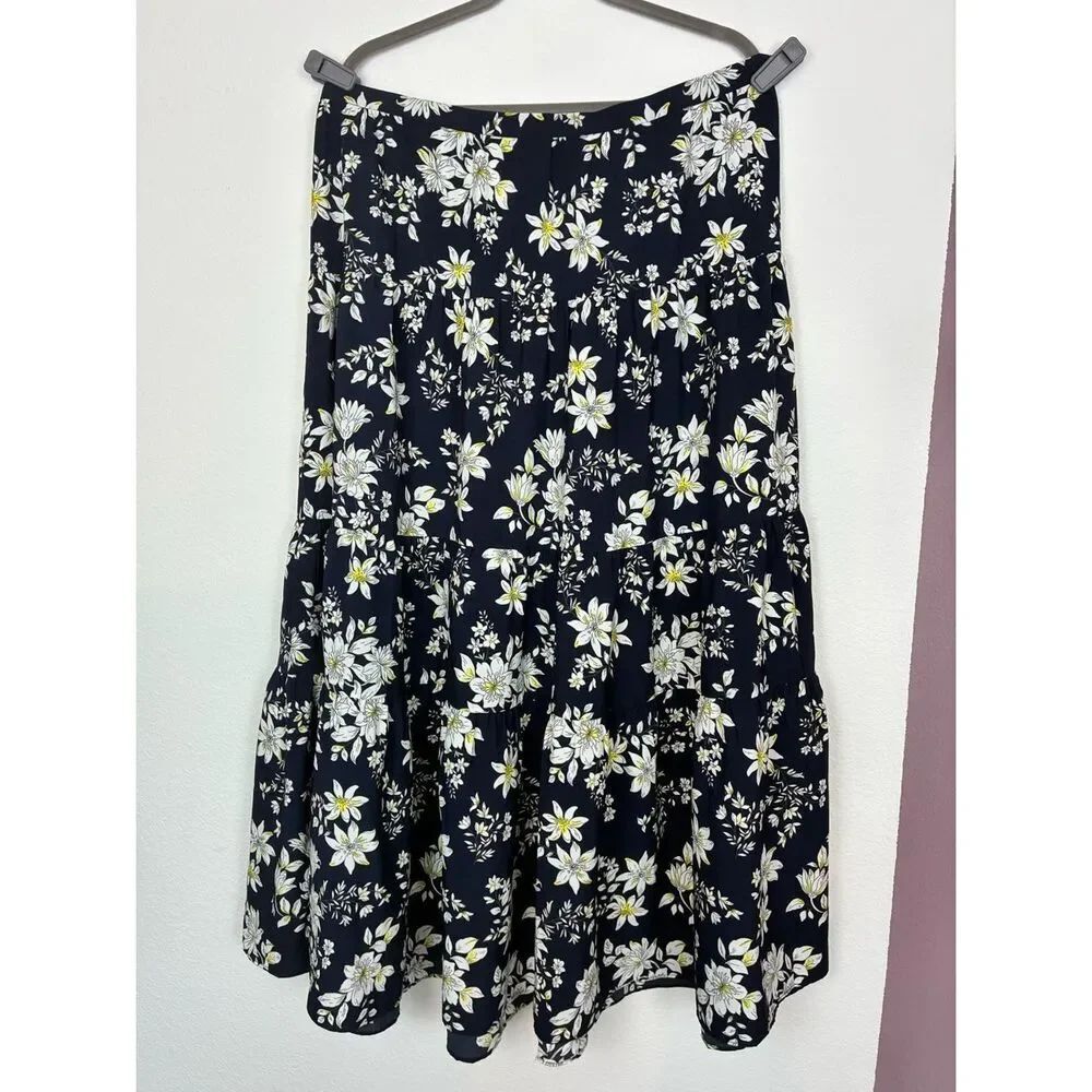 BR NWT Floral Tiered Maxi Skirt Navy w/ white & yellow flowers, elastic waist